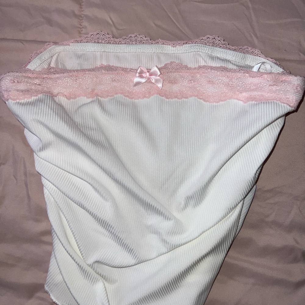 Elegant White and Pink Lace Trim top